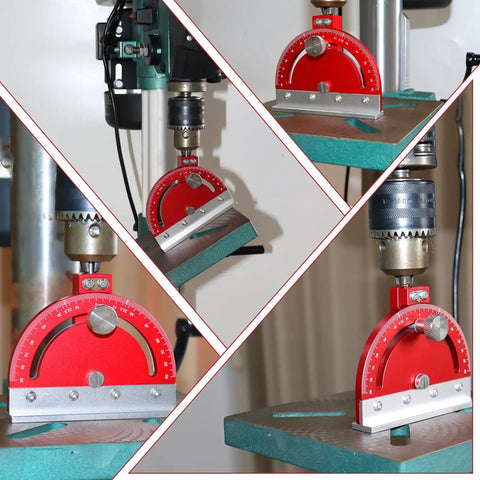 Adjustable Multi Angle Drill Press Protractor Square Guide The Handy Angle Finder With Crystal Clear Scale for Drill Press Table Red shown in various installed positions on a drill press, highlighting its aluminum body and wide angle range.