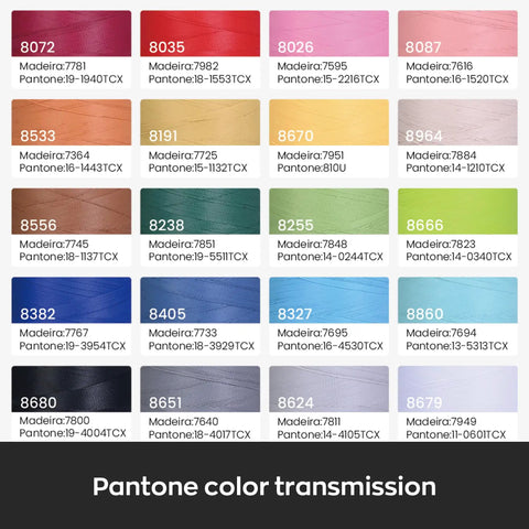 Color chart showing Pantone colors with Madeira codes for Matte Embroidery Thread 40WT Low Sheen Polyester For Embroidery Machines 2500M Spool.
