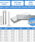 Chart and stack of 18 Gauge One Quarter Inch Narrow Crown Staples One Inch Length Heavy Duty Galvanized Upholstery Staples
