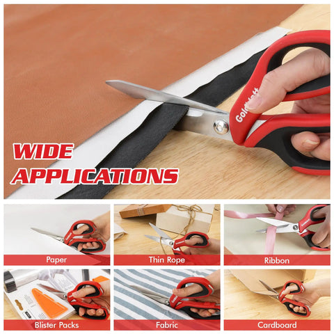 Go To Workhorse Heavy Duty Scissors Set 2 Piece Multipurpose Shop Shears 8 Inch And 10 Inch Non Slip TPR Grips Ergonomic Handles Durable Steel For Fabric Cardboard Duct Tape And More, red handle cutting cardboard