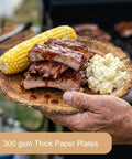 144 Pcs Disposable Rustic Wood Grain Slice Tableware Set for 24 Guests with ribs, corn, and salad
