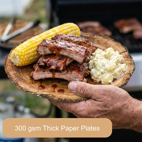144 Pcs Disposable Rustic Wood Grain Slice Tableware Set for 24 Guests with ribs, corn, and salad