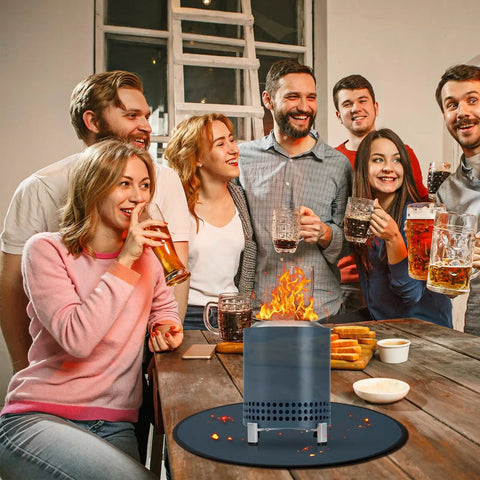 Group enjoying indoor gathering with 20 Inch Fire Pit Mat For Tabletop Grills And Stoves Triple Layer Fireproof Heat Resistant Pad