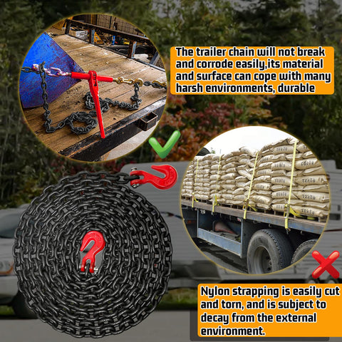 Quarter Inch G80 Tow Chain With G70 Clevis Grab Hook, Heavy Duty Safety Chain For Towing And Transport Display Compared to Nylon Straps