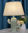 Cactus Desk Lamp With Fabric Lampshade And Sturdy Ceramic Base on table, modern bedside nightstand light for bedroom, E26 socket
