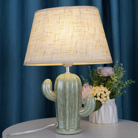 Cactus Desk Lamp With Fabric Lampshade And Sturdy Ceramic Base on table, modern bedside nightstand light for bedroom, E26 socket