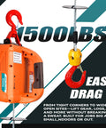 Orange TOYO electric hoist winch with red hook and steel cable, 1500 lb capacity, front view