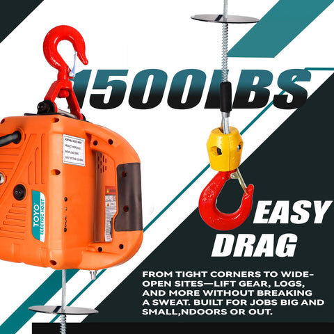 Orange TOYO electric hoist winch with red hook and steel cable, 1500 lb capacity, front view