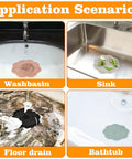 Five Pack Flower Shaped Silicone Hair Catcher Shower Drain Cover With Strong Suction Cups in washbasin, sink, floor drain, and bathtub.