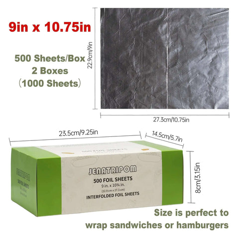 Premium Aluminum Foil Sheets 9 By 10.75 Inches, pop up dispenser box with open foil sheet displayed, high temp resistant