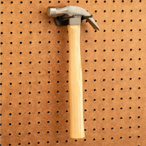 Hammer on steel pegboard, part of 16 Piece Pliers And Drivers Pegboard Hook Set With Heavy Duty Hooks And Screwdriver Rings