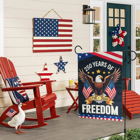 Go-To Double Sided 12x18 Inch Patriotic Eagle Garden Flag for yard porch patio, 250th Anniversary USA Celebration Flag displayed outside