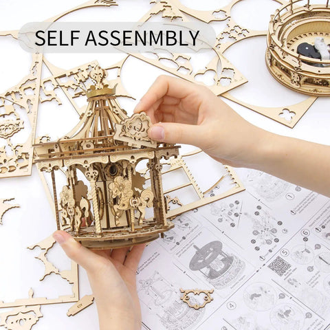 Wooden Puzzle Carousel Kit With Five Moving Horses And Music Box Hands On 3D Mechanical Model That Rotates Lifts And Sways Simultaneously, self-assembly wood