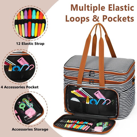 3 Piece Crochet Bag Set With Wrist Yarn Holder Large Waterproof Yarn Tote Knitting Organizer With Adjustable Strap, elastic loops, and pockets.