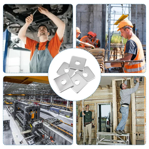 Tough As Nails 30 Piece Square Washer Set 2X2 Inch Galvanized Heavy Duty Carbon Steel Anti Vibration Fasteners shown in use on job sites.