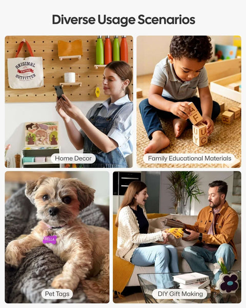 Laser engraver LP2 usage collage showing home decor, educational wooden blocks, pet tags, and DIY gifts