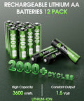 Rechargeable AA Lithium Batteries With 12 Slot Charger Pack Of 12, 3600mWh Each, 1.5V, 2000+ Cycles, High Capacity Li Ion Power.