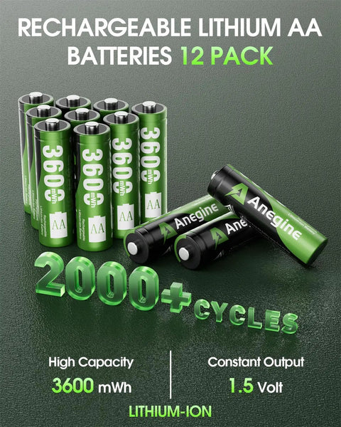Rechargeable AA Lithium Batteries With 12 Slot Charger Pack Of 12, 3600mWh Each, 1.5V, 2000+ Cycles, High Capacity Li Ion Power.