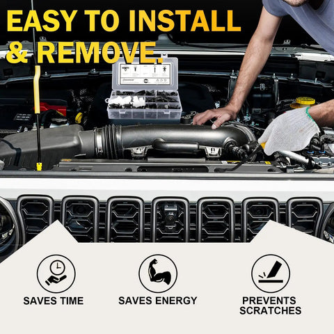 Person installing Jeep Fender Flare Clips Kit with 5 Size Fastener Retainers for Wrangler JK JL, Grand Cherokee, Liberty in engine bay