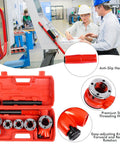 Ratcheting Pipe Threader Kit With Six Dies For One Quarter, Three Eighths, One Half, Three Quarters, One, And One And Quarter Inch Pipes, Heavy Duty Threading Tool Set With Durable Storage Case in red storage case, shown with threading heads and handle.