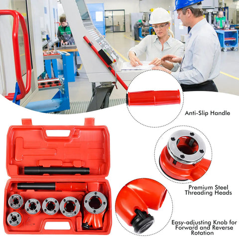 Ratcheting Pipe Threader Kit With Six Dies For One Quarter, Three Eighths, One Half, Three Quarters, One, And One And Quarter Inch Pipes, Heavy Duty Threading Tool Set With Durable Storage Case in red storage case, shown with threading heads and handle.