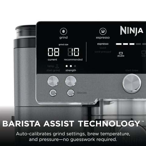 Close-up of control panel on Brew Like A Pro At Home With This Triple Threat Espresso And Drip Coffee Maker Featuring Rapid Cold Brew Options Alongside Reliable Dual Shot Settings In Sleek Gunmetal Finish.