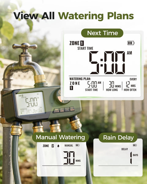 Four Zone Hose Sprinkler Timer With Brass Inlet IP68 Waterproof Digital Control Large Display Rain Delay And Manual Watering