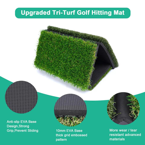 Tri Turf Golf Hitting Mat 24 By 24 Inch Portable Practice Mat with EVA base and 3 turf surfaces for indoor and outdoor use.