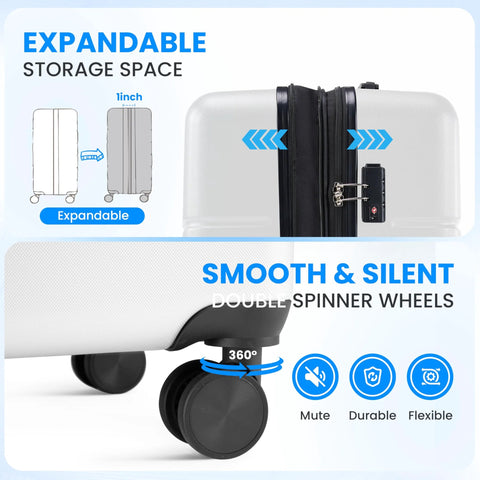 20-inch white hardside carry-on luggage with expandable capacity, double spinner wheels, TSA lock