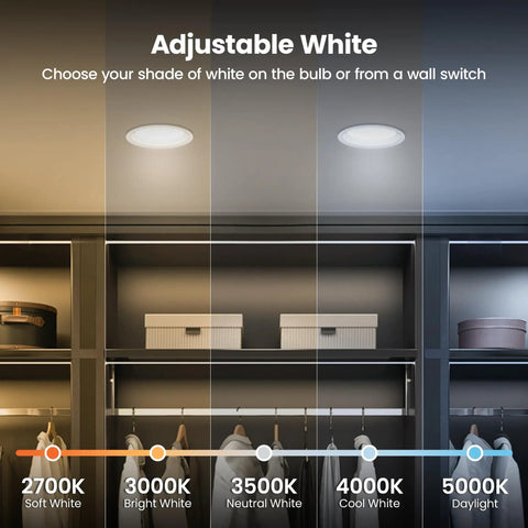 Adjustable white shades of 4 Inch Led Recessed Downlight 5Cct Tunable White Dimmable Ceiling Fixture 4 Pack displayed in a closet.