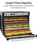 Premium Heavy Duty Digital Food Dehydrator Featuring Stainless Steel Rack Trays And Whisper Quiet Airflow System For Rapid Jerky Fruit Vegetable Nut Drying Hella Smooth Kitchen Essential That Truly Slaps with 9 tray capacity filled with fruits and vegetables.