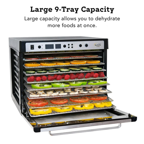Premium Heavy Duty Digital Food Dehydrator Featuring Stainless Steel Rack Trays And Whisper Quiet Airflow System For Rapid Jerky Fruit Vegetable Nut Drying Hella Smooth Kitchen Essential That Truly Slaps with 9 tray capacity filled with fruits and vegetables.