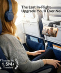 Passenger using Universal In Flight Phone Holder Mount for hands-free viewing on airplane seatback tray with phone secured