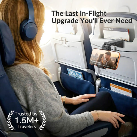 Passenger using Universal In Flight Phone Holder Mount for hands-free viewing on airplane seatback tray with phone secured