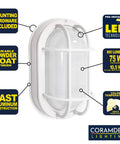 Outdoor 8.5 Inch Oval LED Nautical Bulkhead Light Flush Mount For Wall Or Ceiling Wet Location 75W 800 Lumens 3000K