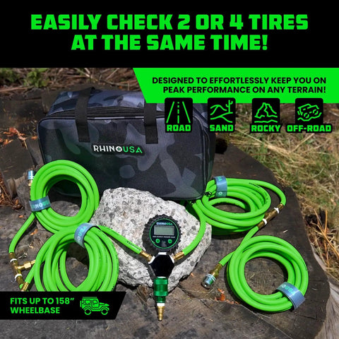 Ultra Fast Four Tire Inflation And Deflation System With Four Way Hose Kit For Trucks Cars Trailers And Motorcycles Up To 155 Inch Wheelbase 2025 Improved With On Off Slide Valve displayed with green hoses and digital gauge