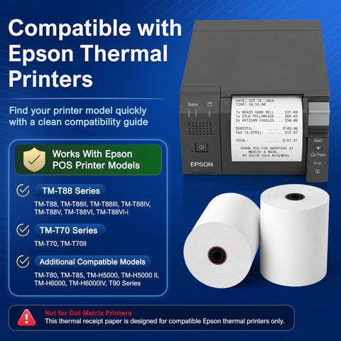 Three Eighths Inch By 230 Feet Thermal Receipt Paper Rolls BPA Free For High Speed POS Printing beside Epson printer