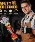 Smiling worker holding Flathead Angle Grinder For Tight Spaces With DeWalt 20V Battery Compatibility, promoting safety features.