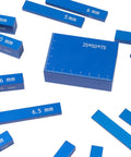 Top Shelf High Precision Metric Setup Blocks, Durable Anodized Aluminum Height Gauge Set For Router And Table Saw Fine Tuning, Laser Etched 15 Piece Kit showing blue metric gauge blocks.