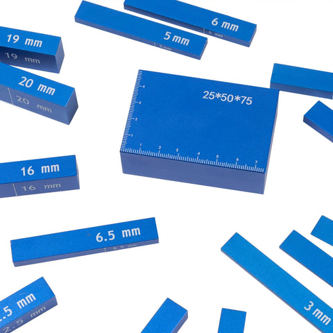 Top Shelf High Precision Metric Setup Blocks, Durable Anodized Aluminum Height Gauge Set For Router And Table Saw Fine Tuning, Laser Etched 15 Piece Kit showing blue metric gauge blocks.