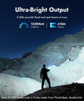 Person using X1Pro Rechargeable Flashlight With Beast 12300 Lumens, 410 Meters Beam, on rocky terrain at night