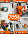 Heavy Duty Magnetic Wire Baskets Set Must Have Large Capacity Metal Shelf Organizer For Garage Kitchen Laundry Workshop Cabinets Ideal For Pegboard And Metal Surfaces 2 Pack shown on refrigerator, garden shed, garage, and laundry.
