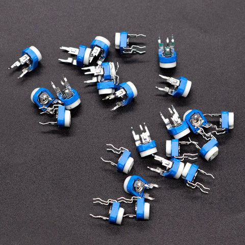 Fifteen Value 100 Ohm To 2M Ohm Variable Resistor Potentiometer Kit scattered on surface, blue and white, DIY electronics gear