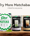 Matchabar ceremonial grade matcha and Epic iced instant lattes in oat lavender and salted caramel flavors on display