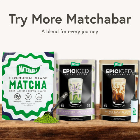Matchabar ceremonial grade matcha and Epic iced instant lattes in oat lavender and salted caramel flavors on display