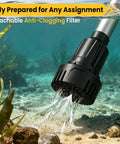 Heavy Duty Cordless Stick Water Transfer Pump For Rapid Tank Draining And Garden Irrigation shown underwater with anti-clogging filter.