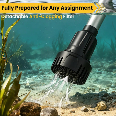 Heavy Duty Cordless Stick Water Transfer Pump For Rapid Tank Draining And Garden Irrigation shown underwater with anti-clogging filter.