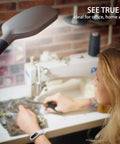 Woman using sewing machine under Natural Daylight Floor Lamp With Adjustable Gooseneck For Reading Crafting And Sewing A 6400K Task Light That Feels Like Noon Sunshine Energy Saving 27W LED Bulb Included Ideal For Living Room Bedroom Or Office