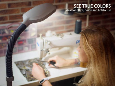 Woman using sewing machine under Natural Daylight Floor Lamp With Adjustable Gooseneck For Reading Crafting And Sewing A 6400K Task Light That Feels Like Noon Sunshine Energy Saving 27W LED Bulb Included Ideal For Living Room Bedroom Or Office