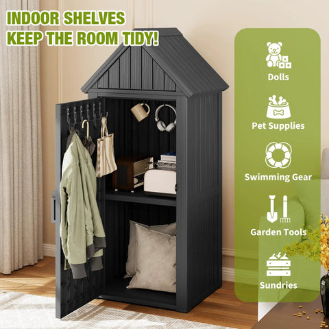 Vertical Outdoor Storage Shed With Waterproof Resin Cabinet Removable Shelves And Twelve Hooks Lockable Garden Tool Shed
